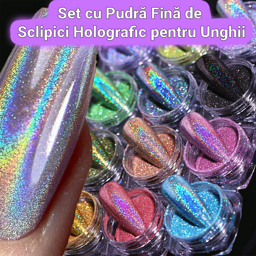 Set cu Pudră Fină de Sclipici Holografic pentru Unghii