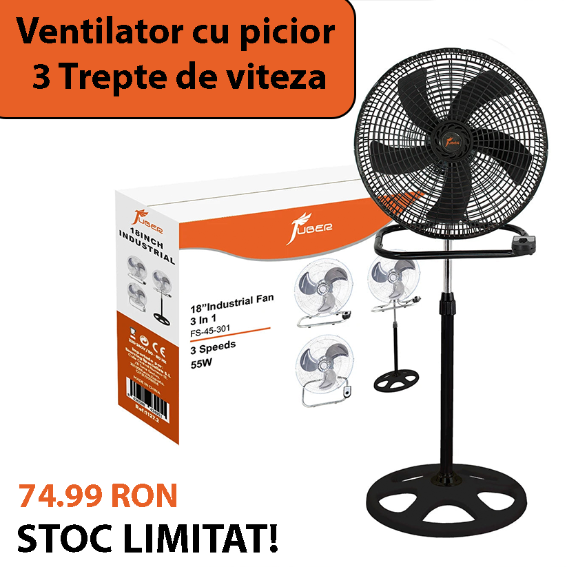 Ventilator Silențios cu Picior și 3 Trepte De Viteza, Negru, 45W